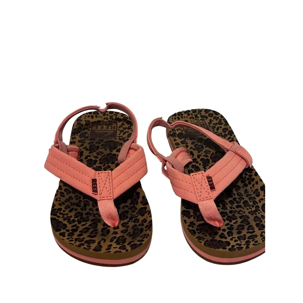 Reef Little Ahi Peach Leopard Print Sandals Backstrap Girls Size 11 beach